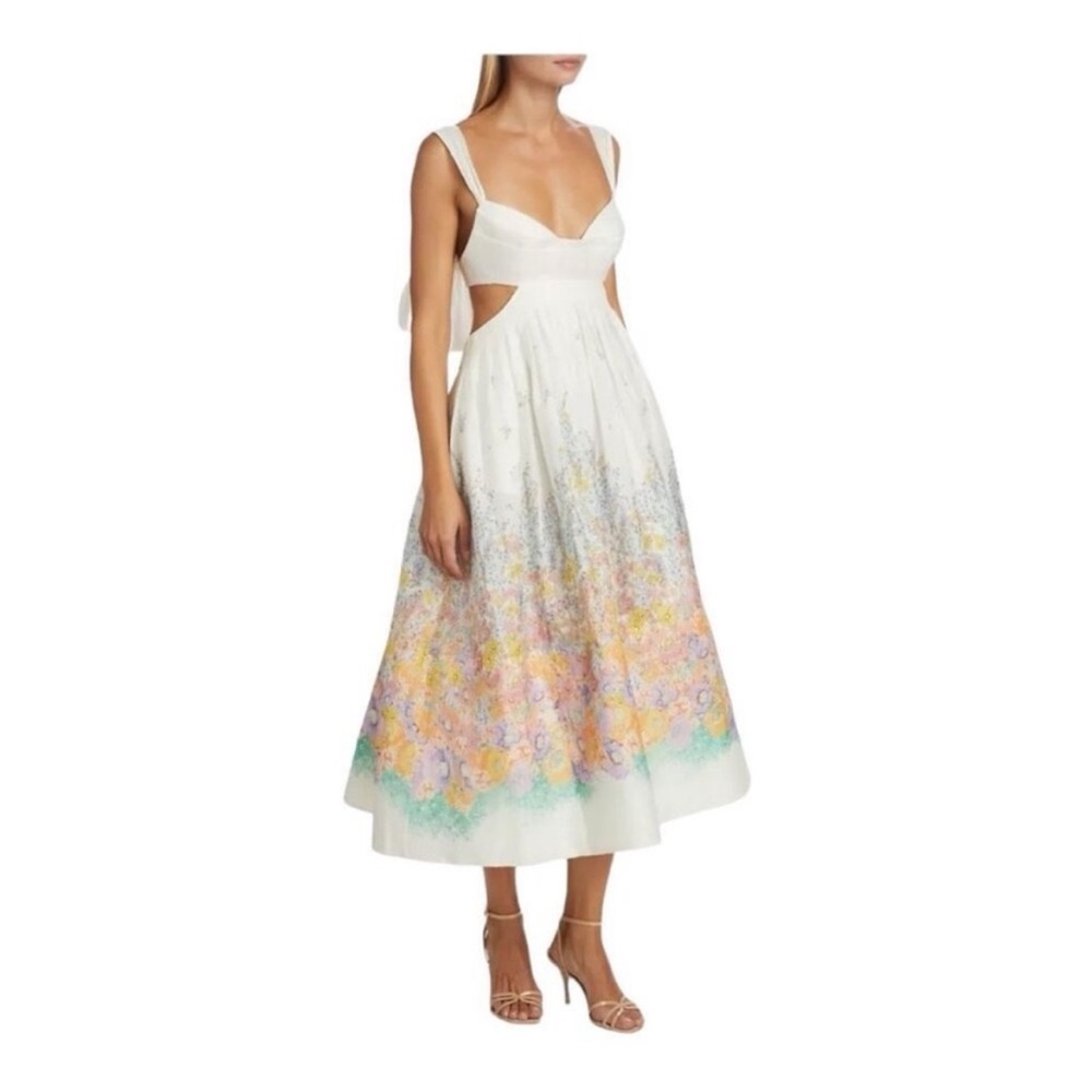 Zimmermann White Floral Midi Dress with Peach & Mint Border